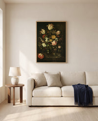 Flowers and a Watch by Abraham van Beijeren framed in natural oak above a cream sofa in a warm living room