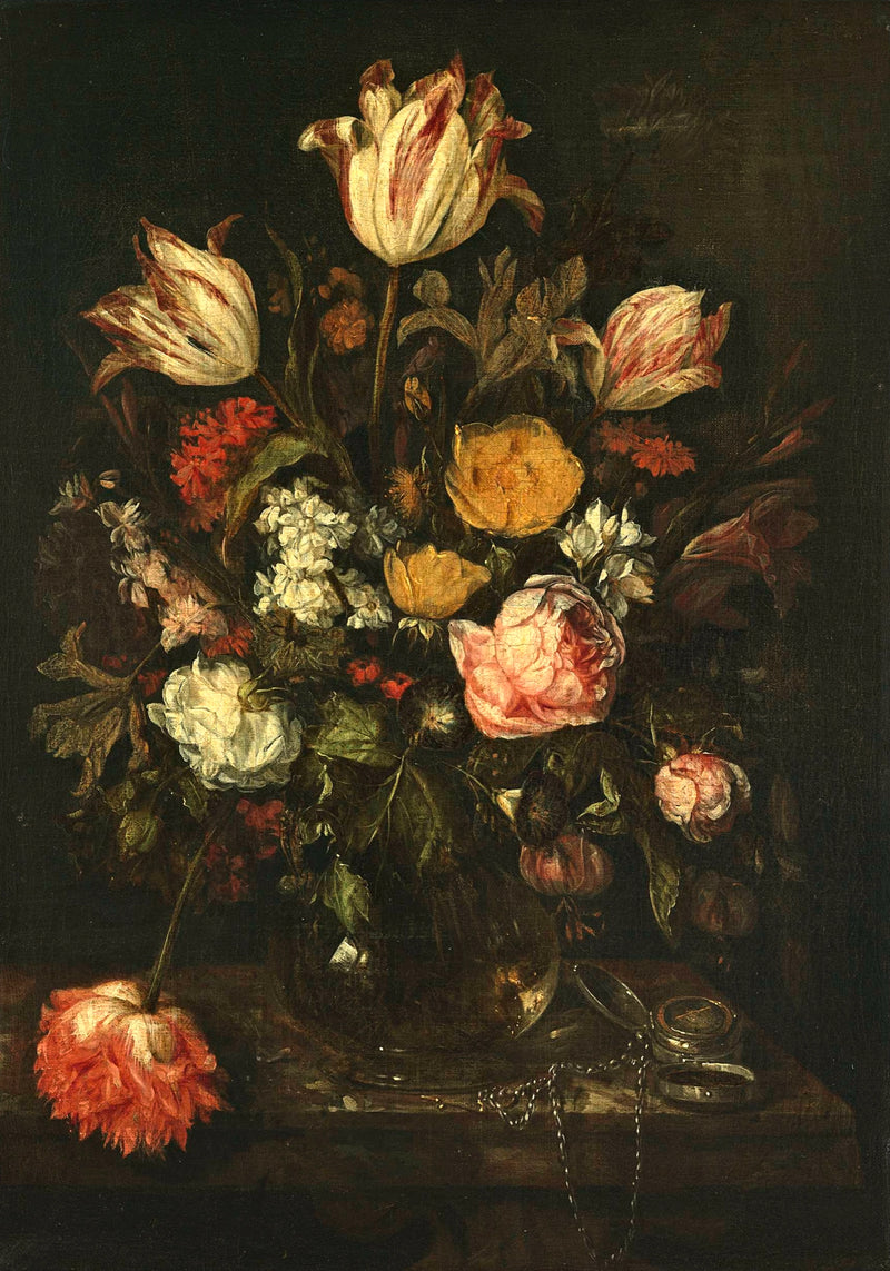 Still Life with Flowers by Abraham van Beijeren: striped tulips and roses in a glass vase on a dark ledge, a watch beside it