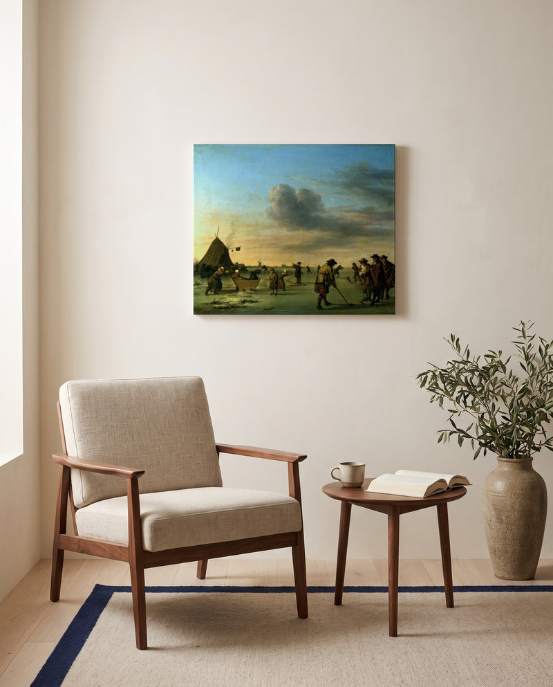 Golfers on the Ice by Adriaen van de Velde as a stretched canvas above a linen lounge chair in a reading corner