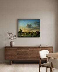 Golfers on the Ice by Adriaen van de Velde in a black frame above a walnut sideboard in a dining room