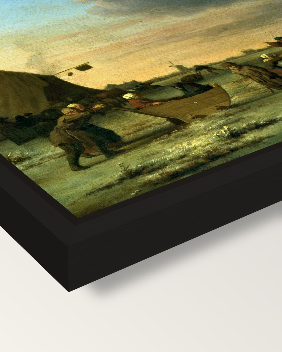 Golfers on the Ice by van de Velde framed canvas, corner close-up: a black floating frame with a shadow gap round the canvas