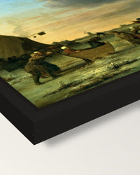 Golfers on the Ice by van de Velde framed canvas, corner close-up: a black floating frame with a shadow gap round the canvas