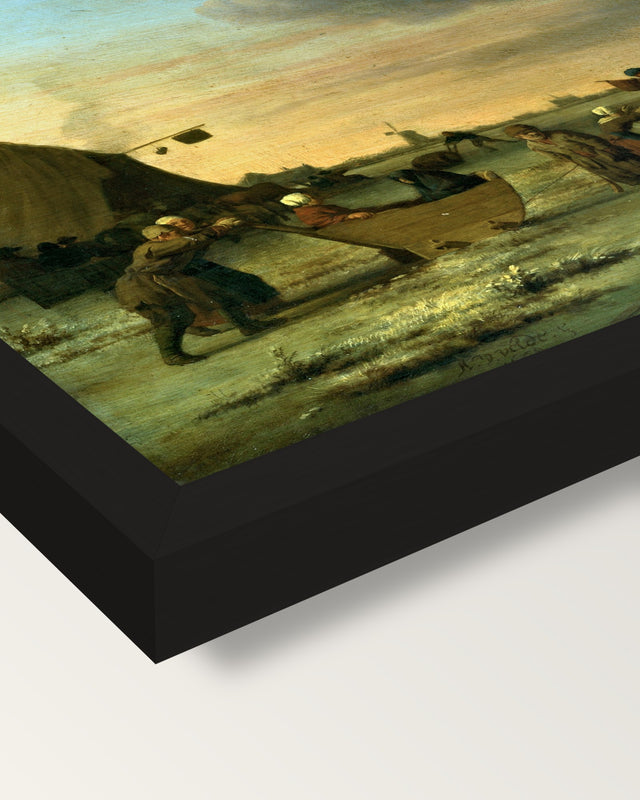 Golfers on the Ice by van de Velde framed print, corner close-up: black moulding, mitred, the print set just below its edge