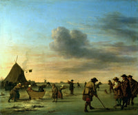 Golfers on the Ice near Haarlem by van de Velde: men playing kolf on a frozen river under a wide sky, a sledge at left