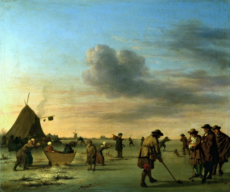 Golfers on the Ice near Haarlem by van de Velde: men playing kolf on a frozen river under a wide sky, a sledge at left