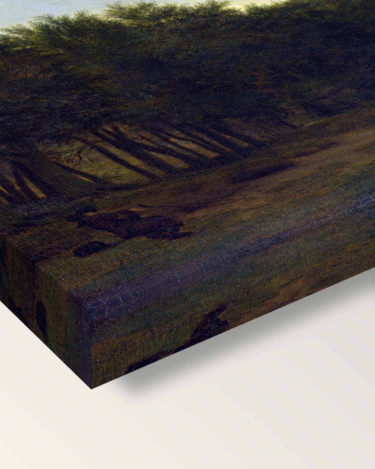 The Edge of a Wood by Adriaen van de Velde on stretched canvas, corner close-up: the painting mirror-wrapped round the sides