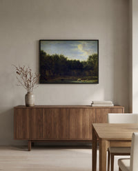 The Edge of a Wood by Adriaen van de Velde in a black frame above a walnut sideboard in a dining room