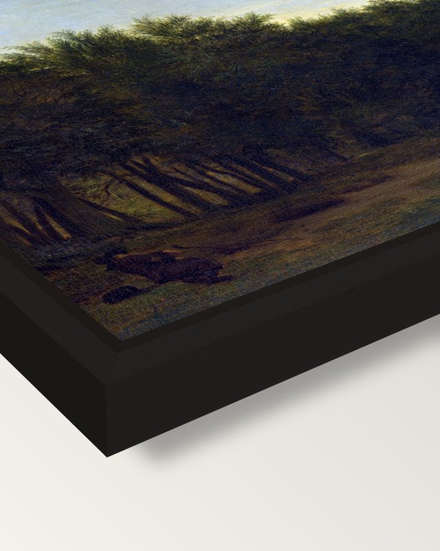 The Edge of a Wood by van de Velde framed canvas, corner close-up: a black floating frame with a shadow gap round the canvas