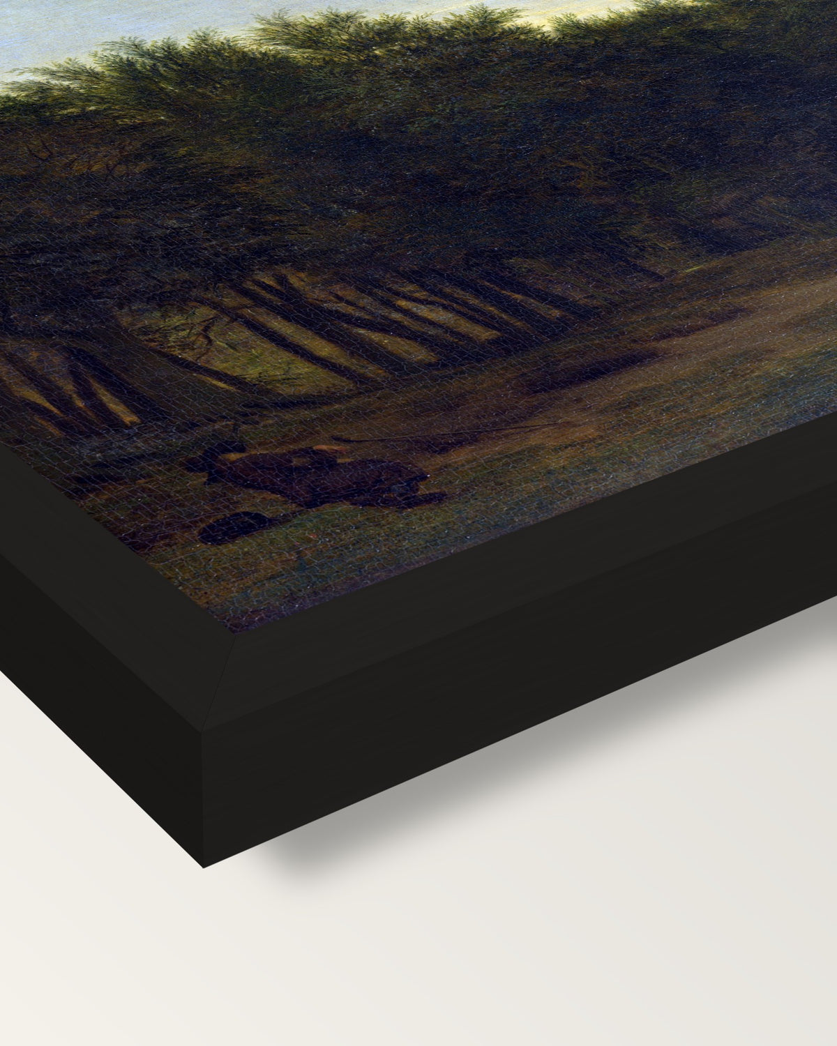 The Edge of a Wood by van de Velde framed print, corner close-up: black moulding, mitred, the print set just below its edge