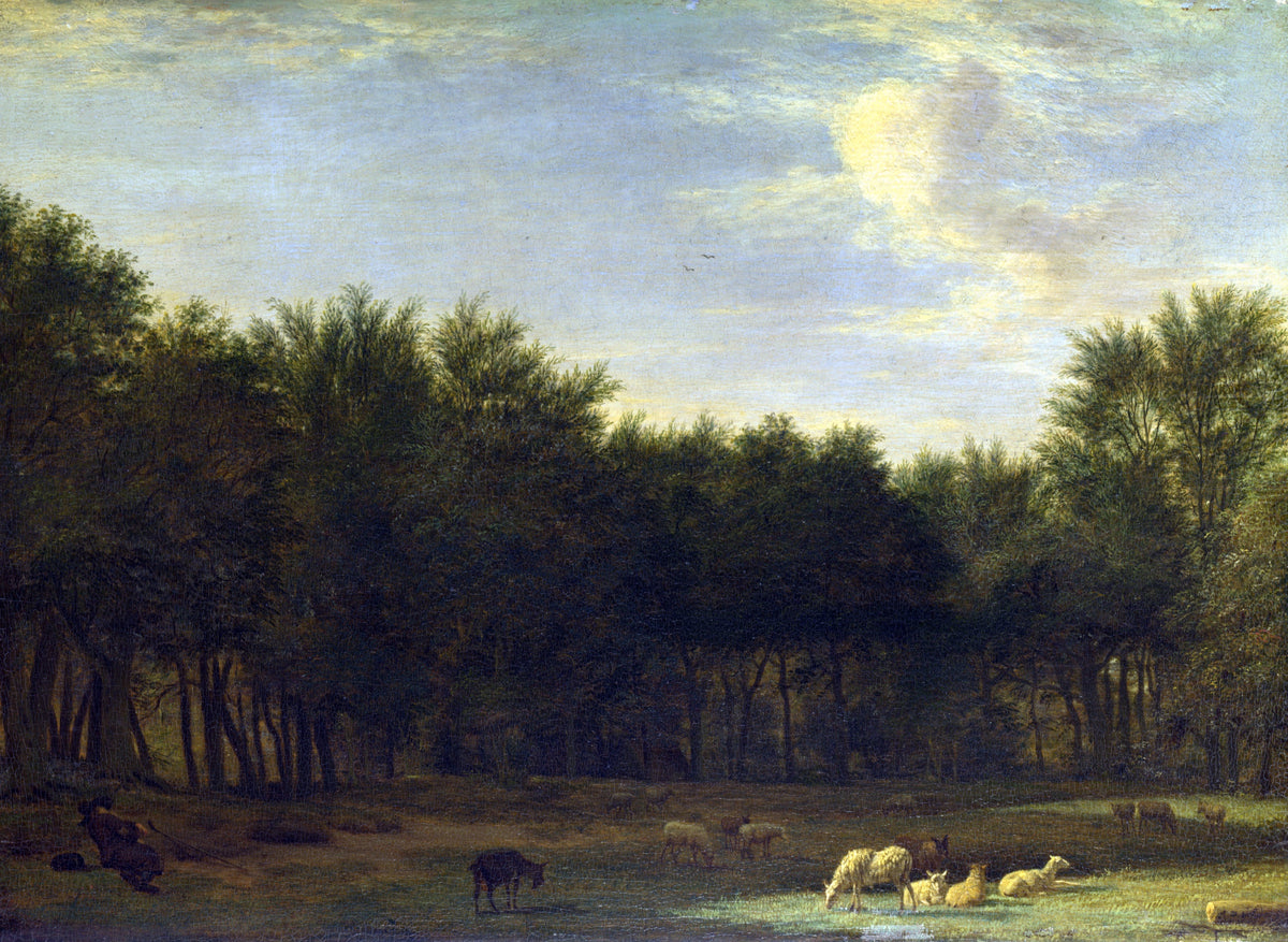 The Edge of a Wood by van de Velde: sheep and goats graze by a wood under a clear blue sky as a shepherd sleeps