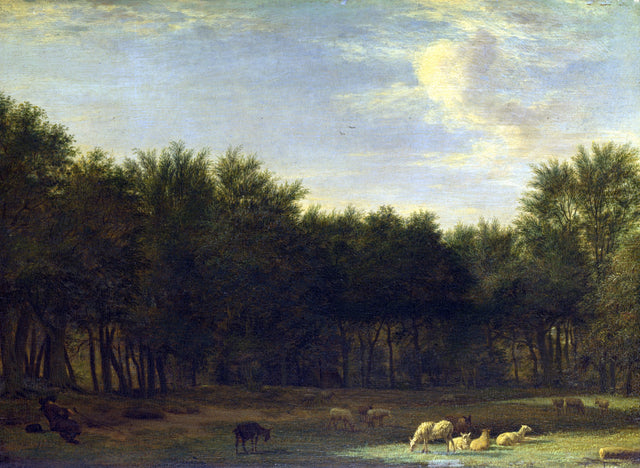 The Edge of a Wood by van de Velde: sheep and goats graze by a wood under a clear blue sky as a shepherd sleeps