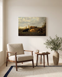 The Small Dort by Aelbert Cuyp as a stretched canvas above a linen lounge chair in a reading corner