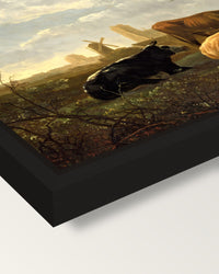 The Small Dort by Aelbert Cuyp framed canvas, corner close-up: a black floating frame with a shadow gap round the canvas