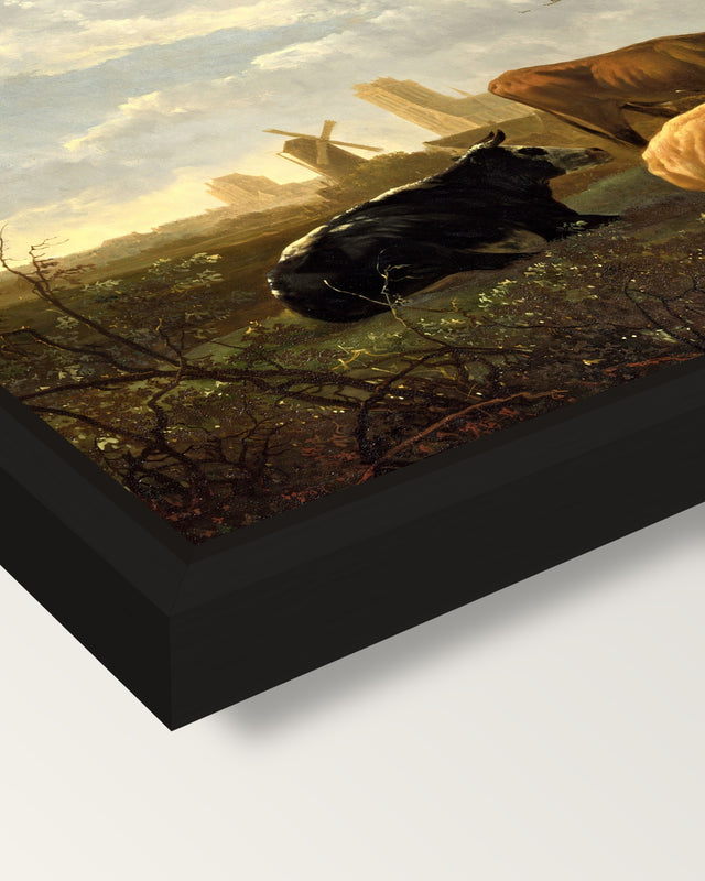 The Small Dort by Aelbert Cuyp framed canvas, corner close-up: a black floating frame with a shadow gap round the canvas
