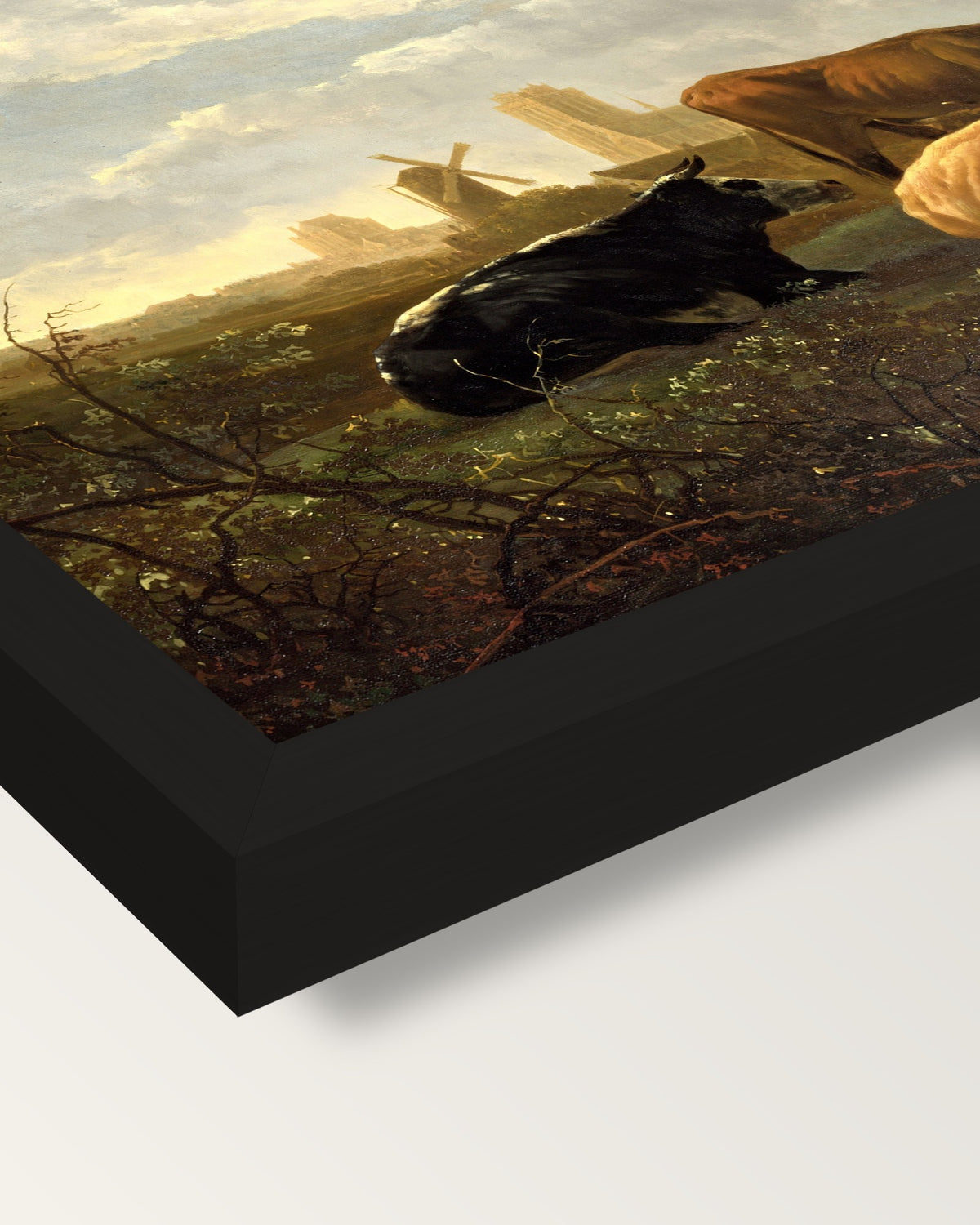 The Small Dort by Aelbert Cuyp framed print, corner close-up: black moulding, mitred, the print set just below its edge