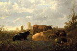 The Small Dort by Aelbert Cuyp: cows resting in a meadow, a herdsman asleep, windmills and a church tower beyond