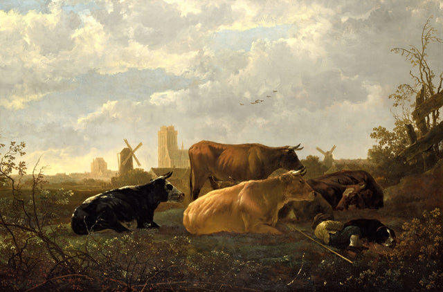 The Small Dort by Aelbert Cuyp: cows resting in a meadow, a herdsman asleep, windmills and a church tower beyond