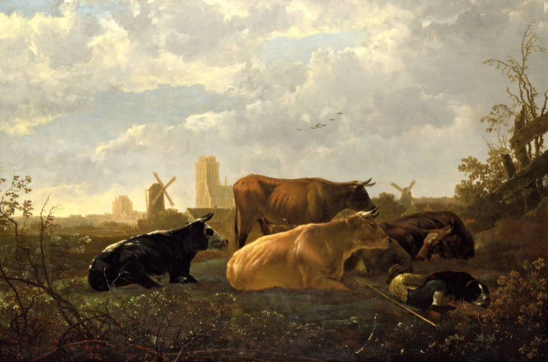 The Small Dort by Aelbert Cuyp: cows resting in a meadow, a herdsman asleep, windmills and a church tower beyond