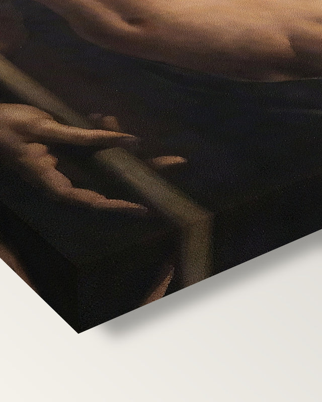 Andrea Doria as Neptune by Agnolo Bronzino on stretched canvas, corner close-up: the painting mirror-wrapped round the sides