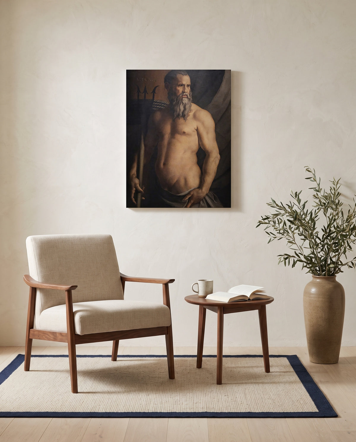 Andrea Doria as Neptune by Agnolo Bronzino as a stretched canvas above a linen lounge chair in a reading corner