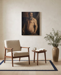 Andrea Doria as Neptune by Agnolo Bronzino as a stretched canvas above a linen lounge chair in a reading corner
