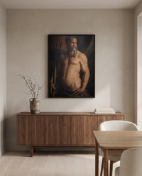 Andrea Doria as Neptune by Agnolo Bronzino in a black frame above a walnut sideboard in a dining room