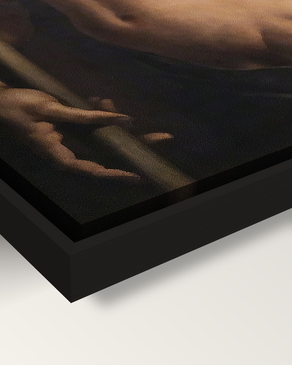Andrea Doria as Neptune by Bronzino framed canvas, corner close-up: black floating frame, painted edge in the shadow gap