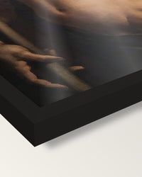 Andrea Doria as Neptune by Agnolo Bronzino framed print, corner close-up: black moulding, edge to edge, no mat