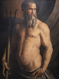 Portrait of Andrea Doria as Neptune by Bronzino: a bearded older man, bare-chested, by a ship’s mast with a trident