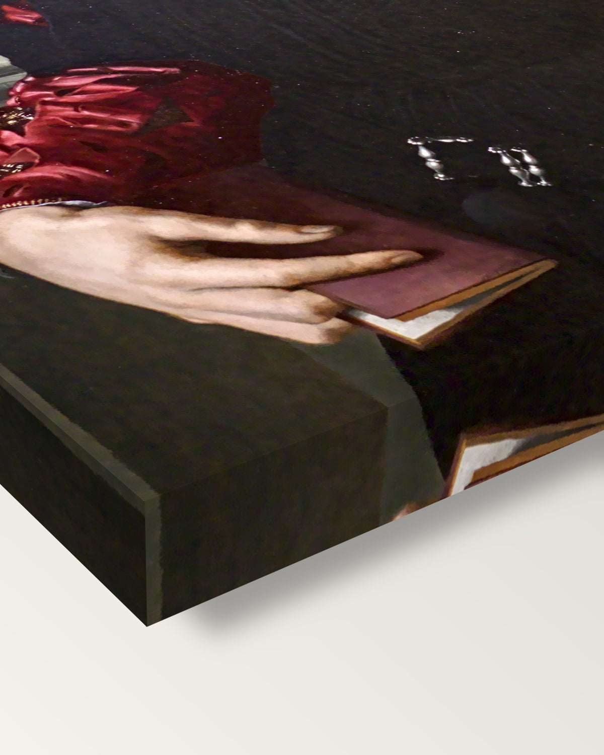 Bartolomeo Panciatichi by Agnolo Bronzino on stretched canvas, corner close-up: the painting mirror-wrapped round the sides