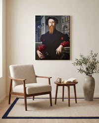 Bartolomeo Panciatichi by Agnolo Bronzino as a stretched canvas above a linen lounge chair in a reading corner