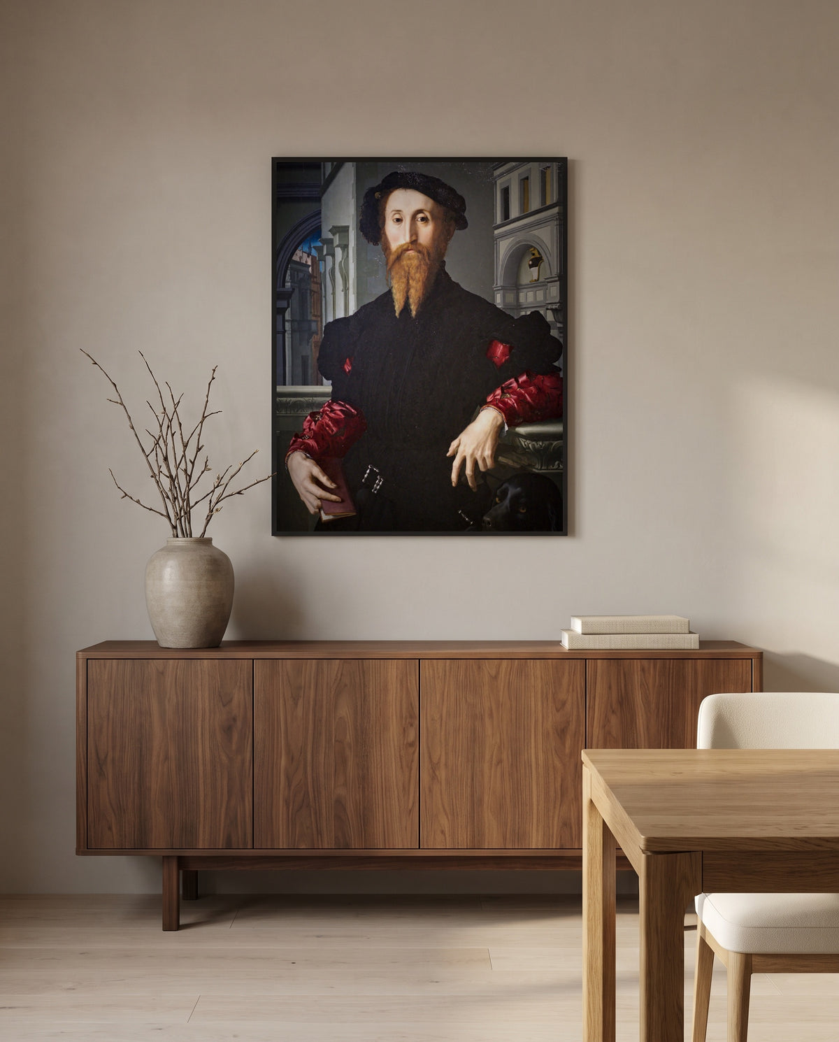 Bartolomeo Panciatichi by Agnolo Bronzino in a black frame above a walnut sideboard in a dining room