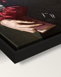 Bartolomeo Panciatichi by Bronzino framed canvas, corner close-up: black floating frame, painted edge in the shadow gap