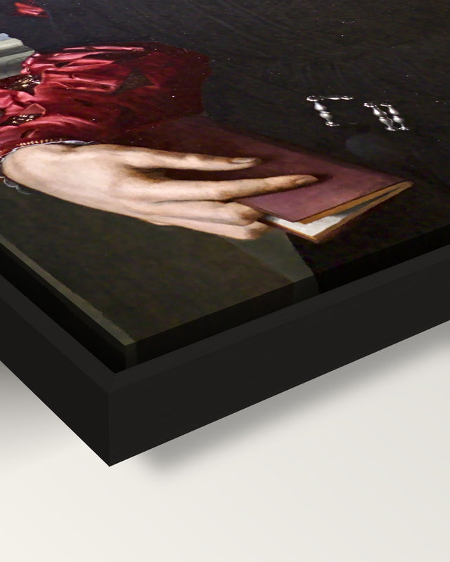 Bartolomeo Panciatichi by Bronzino framed canvas, corner close-up: black floating frame, painted edge in the shadow gap