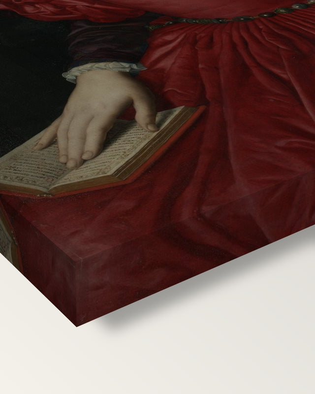 Lucrezia Panciatichi by Agnolo Bronzino on stretched canvas, corner close-up: the painting mirror-wrapped round the sides