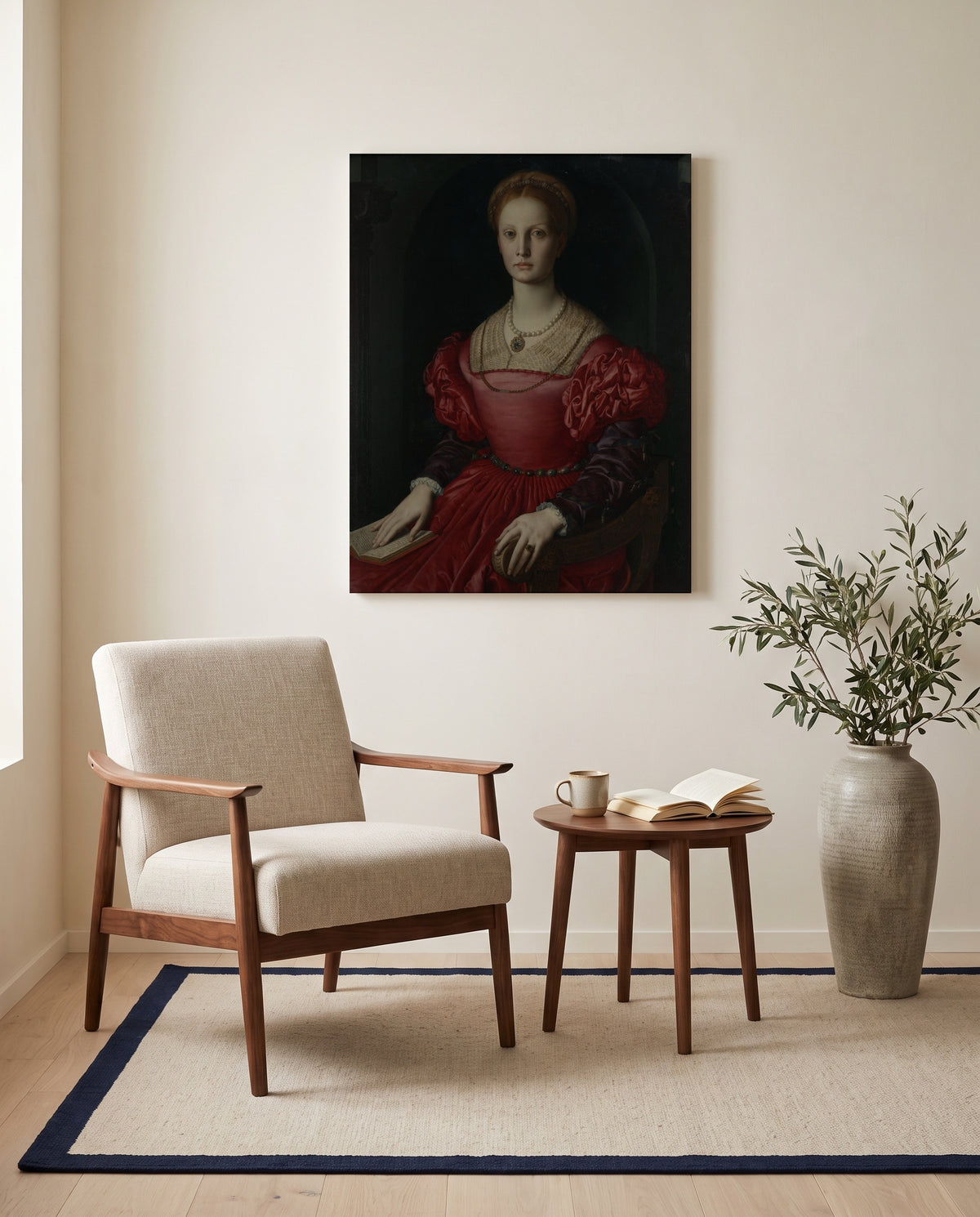Lucrezia Panciatichi by Agnolo Bronzino as a stretched canvas above a linen lounge chair in a reading corner