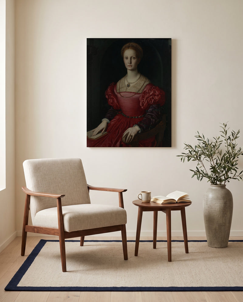 Lucrezia Panciatichi by Agnolo Bronzino as a stretched canvas above a linen lounge chair in a reading corner