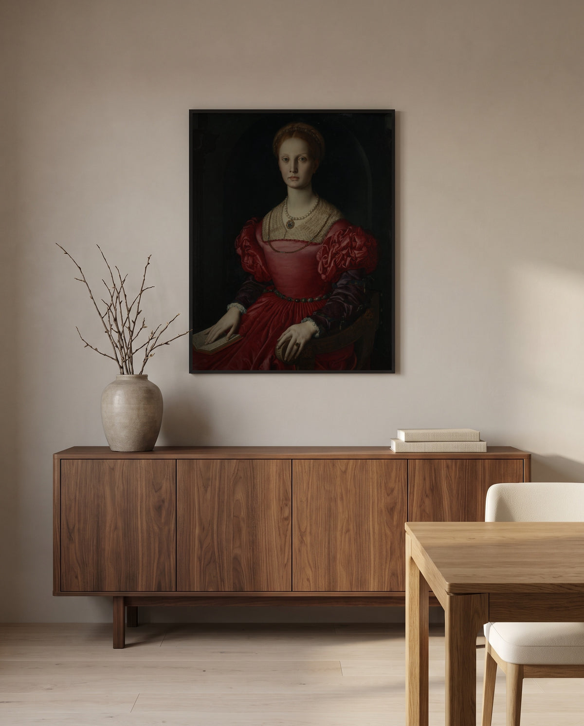 Lucrezia Panciatichi by Agnolo Bronzino in a black frame above a walnut sideboard in a dining room