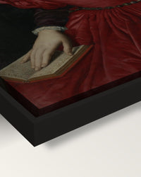 Lucrezia Panciatichi by Agnolo Bronzino framed canvas, corner close-up: black floating frame, painted edge in the shadow gap