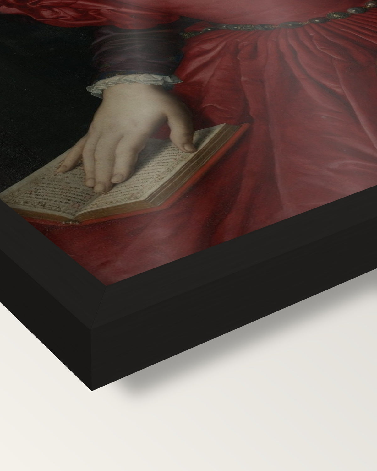 Lucrezia Panciatichi by Agnolo Bronzino framed print, corner close-up: black moulding, edge to edge under plexiglass, no mat