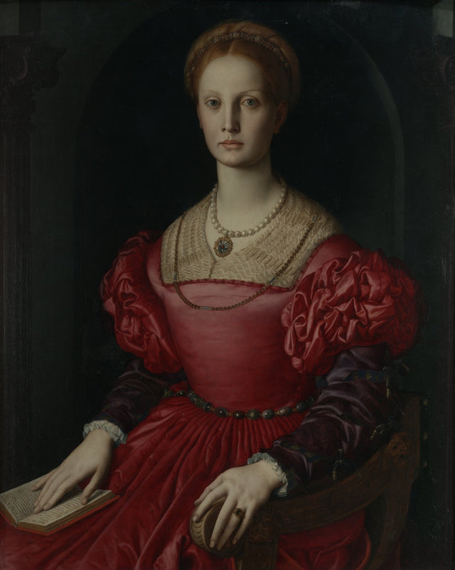 Portrait of Lucrezia Panciatichi by Bronzino: a pale woman in a red silk dress with pearls and gold chains, a book in her lap