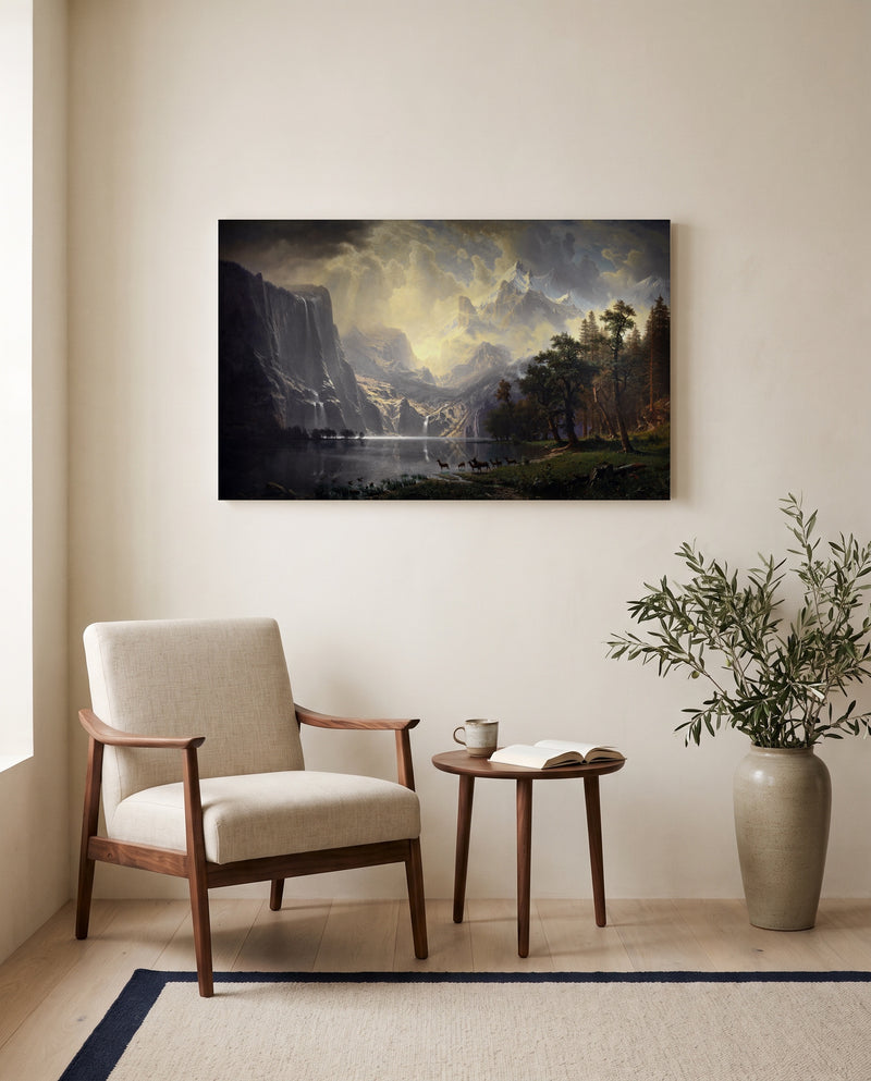 Among the Sierra Nevada by Albert Bierstadt as a stretched canvas above a linen lounge chair in a reading corner