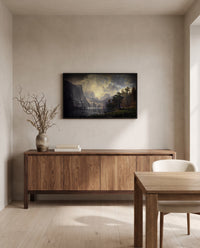 Among the Sierra Nevada by Albert Bierstadt in a black frame above a walnut sideboard in a dining room