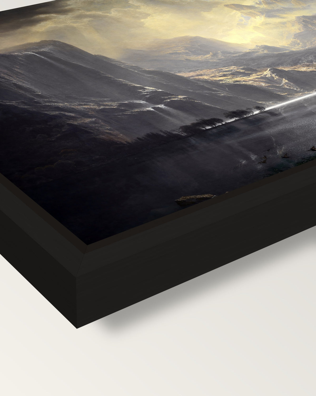 Among the Sierra Nevada framed canvas, corner close-up: a black floating frame with a shadow gap round the canvas