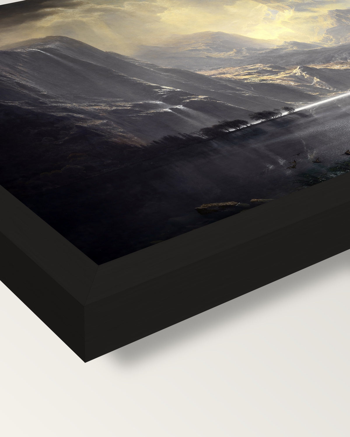 Among the Sierra Nevada by Bierstadt framed print, corner close-up: black moulding, mitred, the print set just below its edge