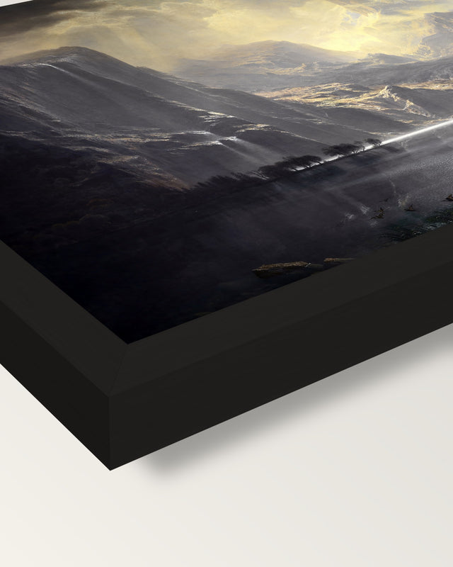 Among the Sierra Nevada by Bierstadt framed print, corner close-up: black moulding, mitred, the print set just below its edge