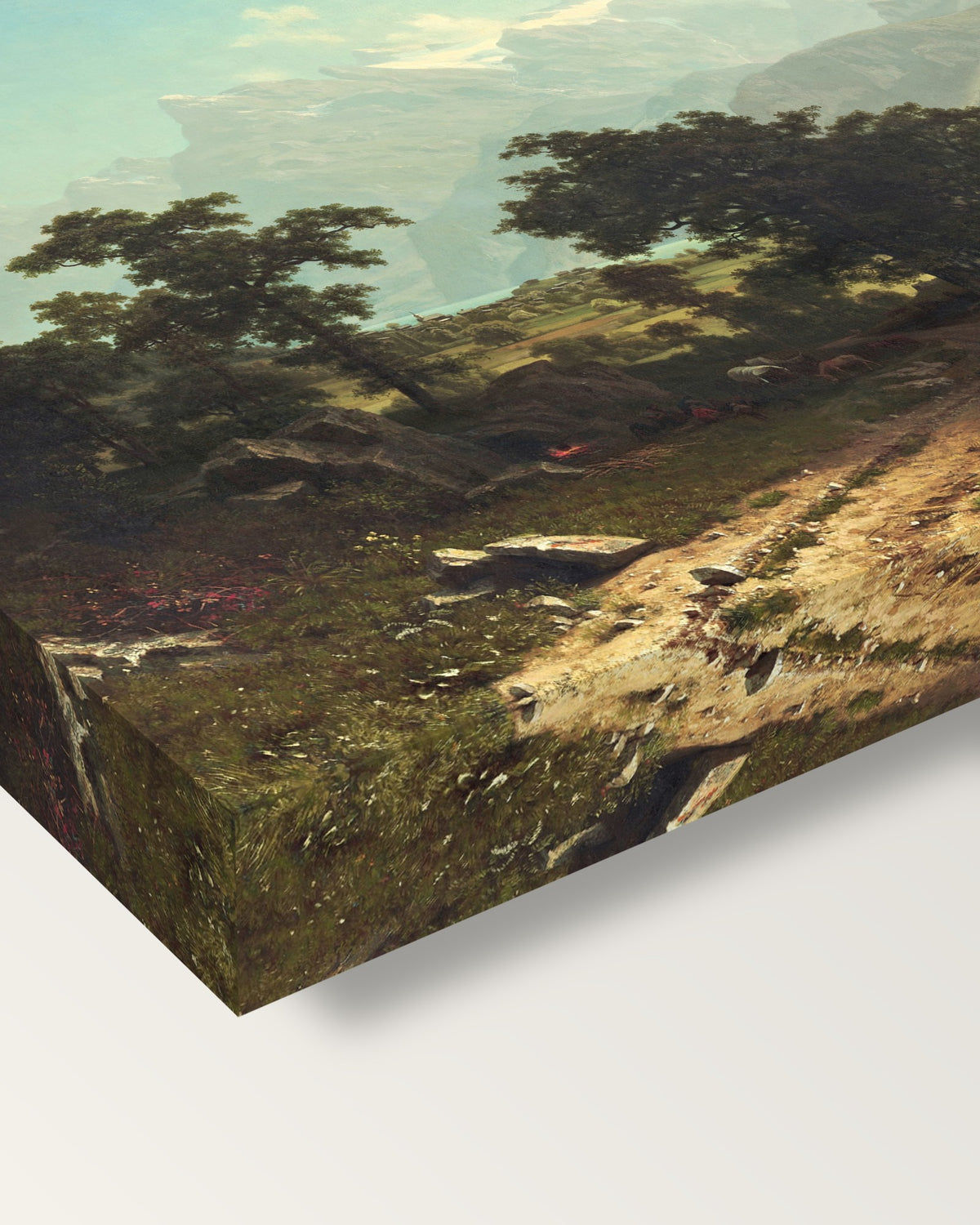 Lake Lucerne by Albert Bierstadt on stretched canvas, corner close-up: the painting mirror-wrapped round the sides