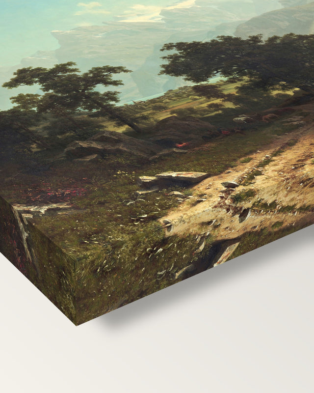 Lake Lucerne by Albert Bierstadt on stretched canvas, corner close-up: the painting mirror-wrapped round the sides