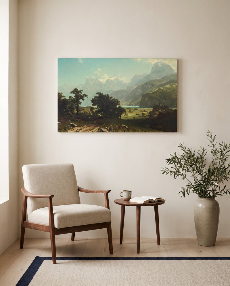 Lake Lucerne by Albert Bierstadt as a stretched canvas above a linen lounge chair in a reading corner