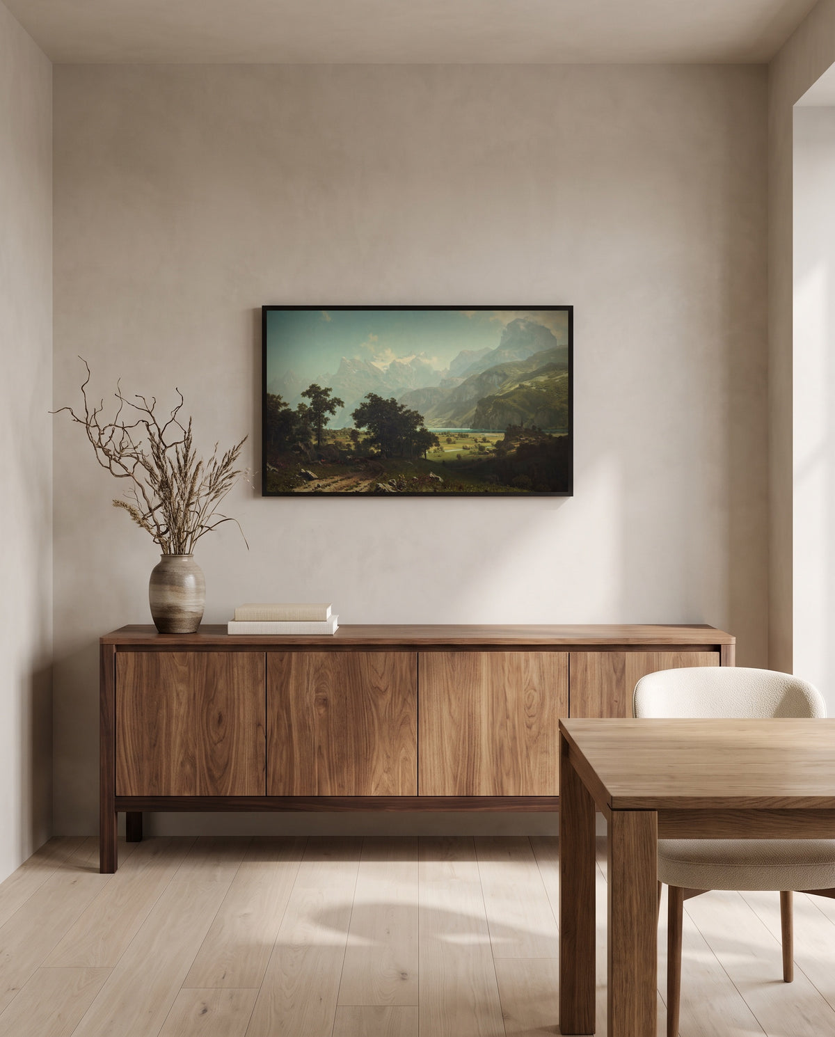 Lake Lucerne by Albert Bierstadt in a black frame above a walnut sideboard in a dining room